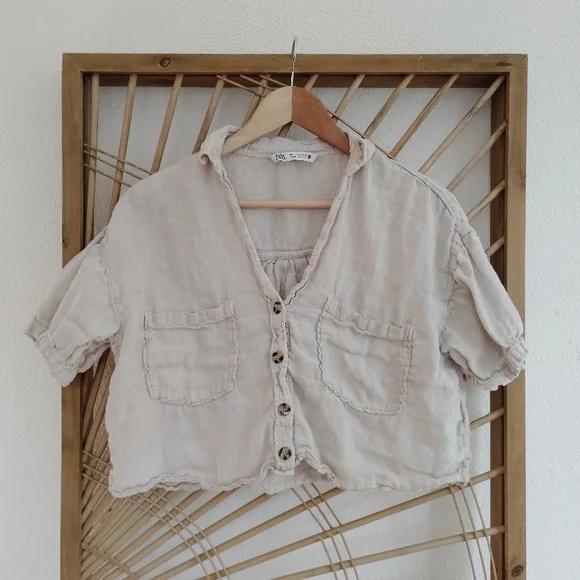 Zara Linen Button Front Cropped Shirt / Size Small - Picture 4 of 10